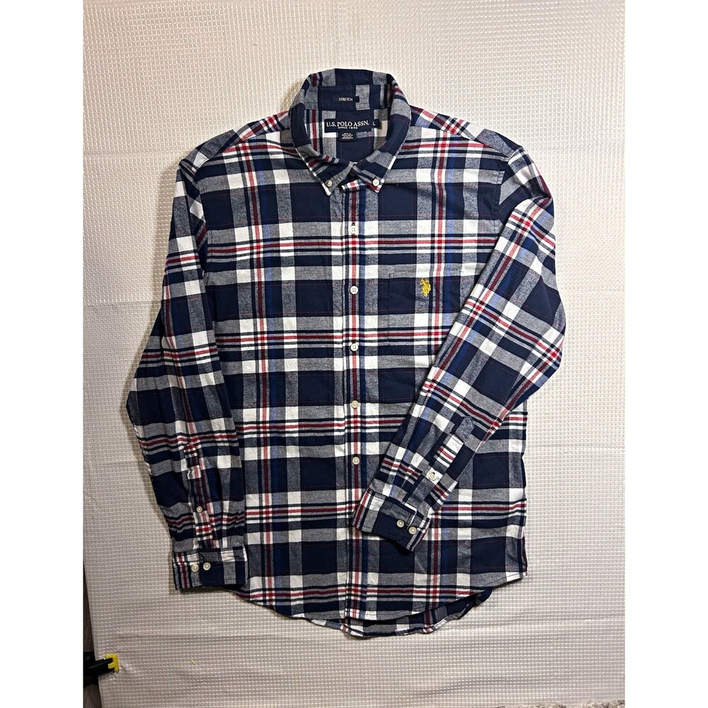 U.S. Polo Assn. Men's L Blue/white/Red Plaid Long Sleeve Button-Down Shirt-large